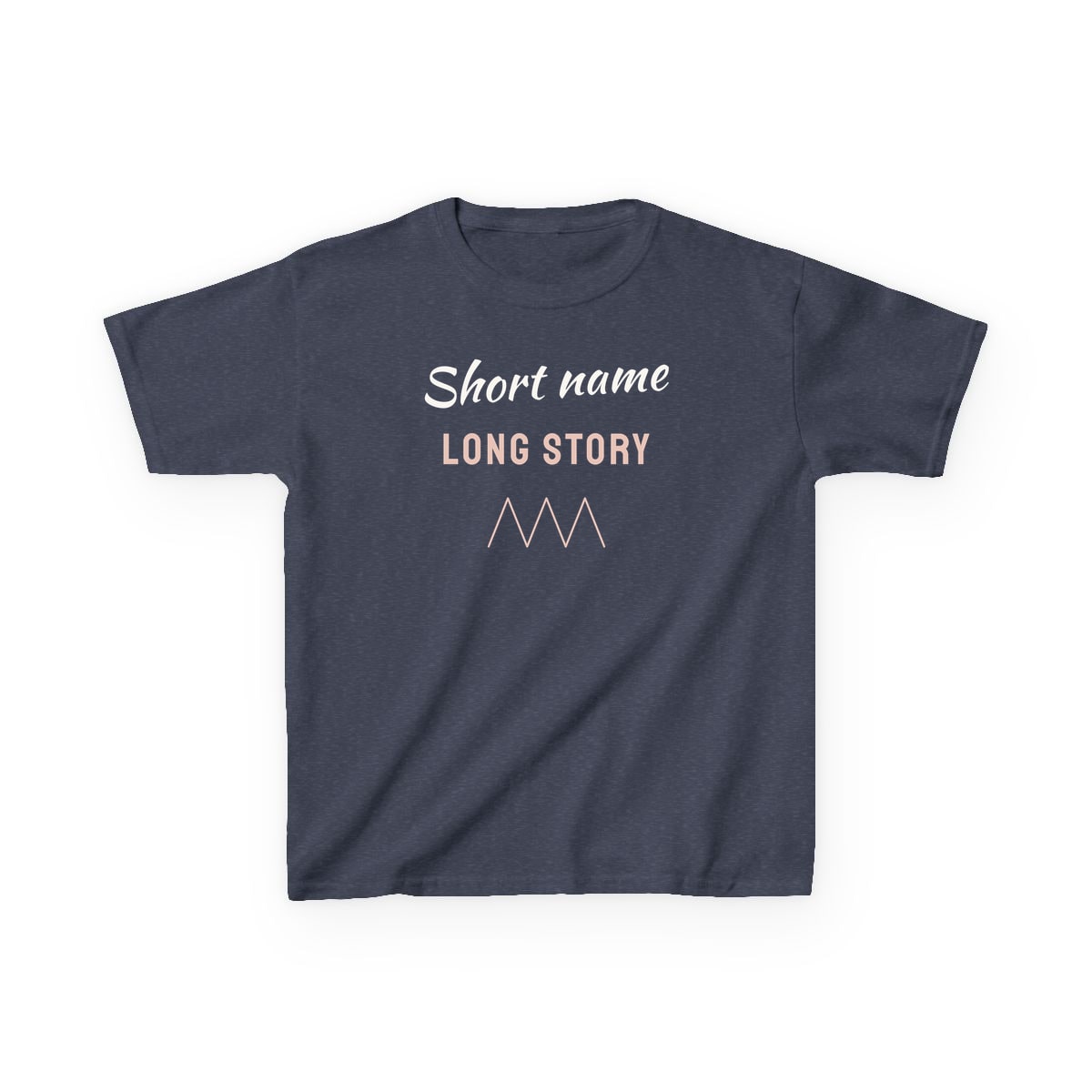 Short Name, Long Story, printed on a kids tee in Heather Navy