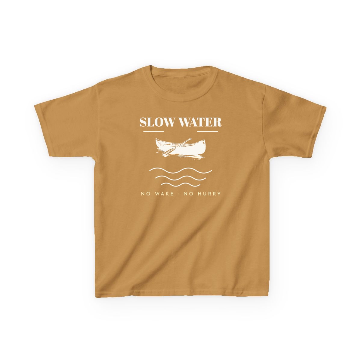 Slow Water, printed on a kids tee in Old Gold