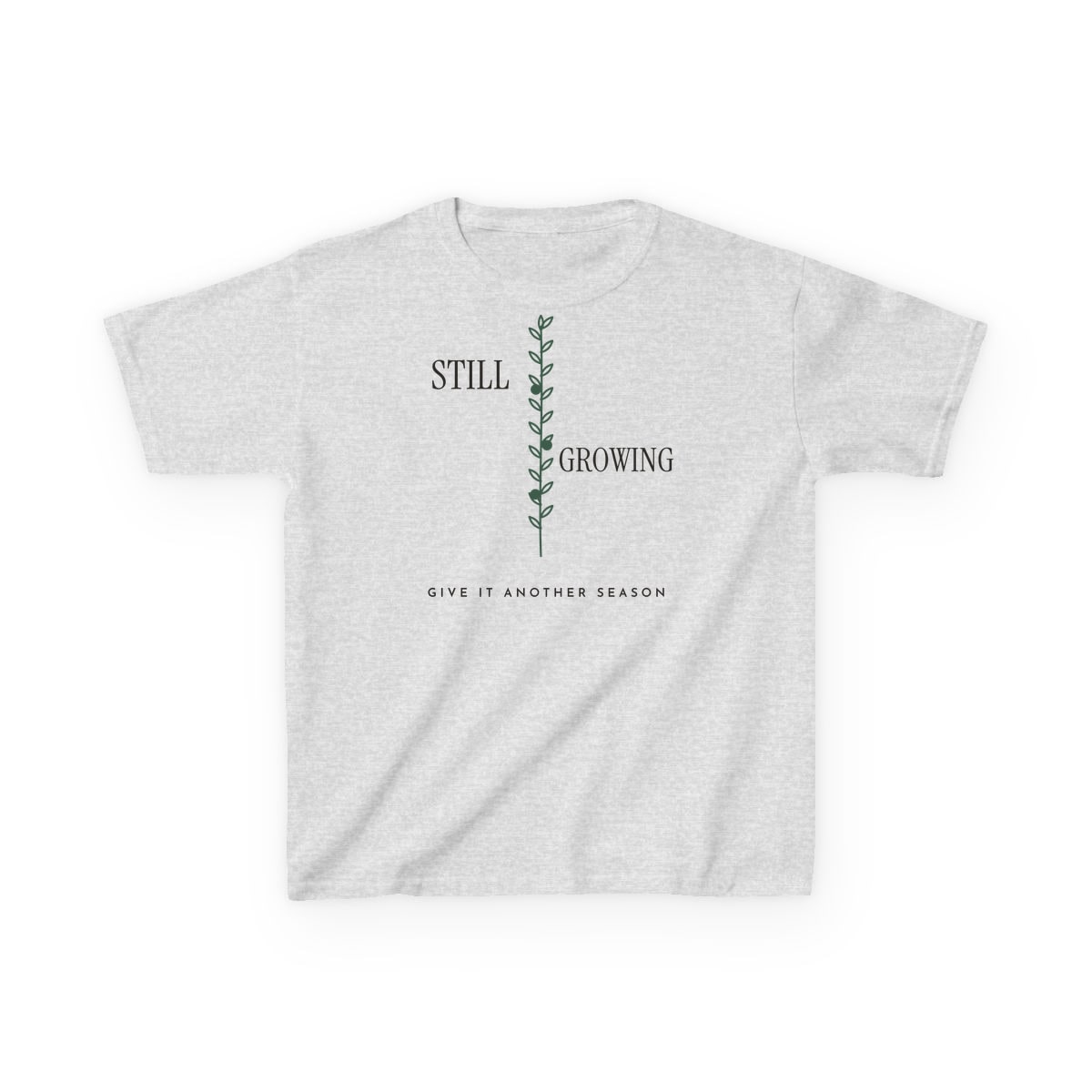 Still Growing Olive Branch, printed on a kids tee in Ash
