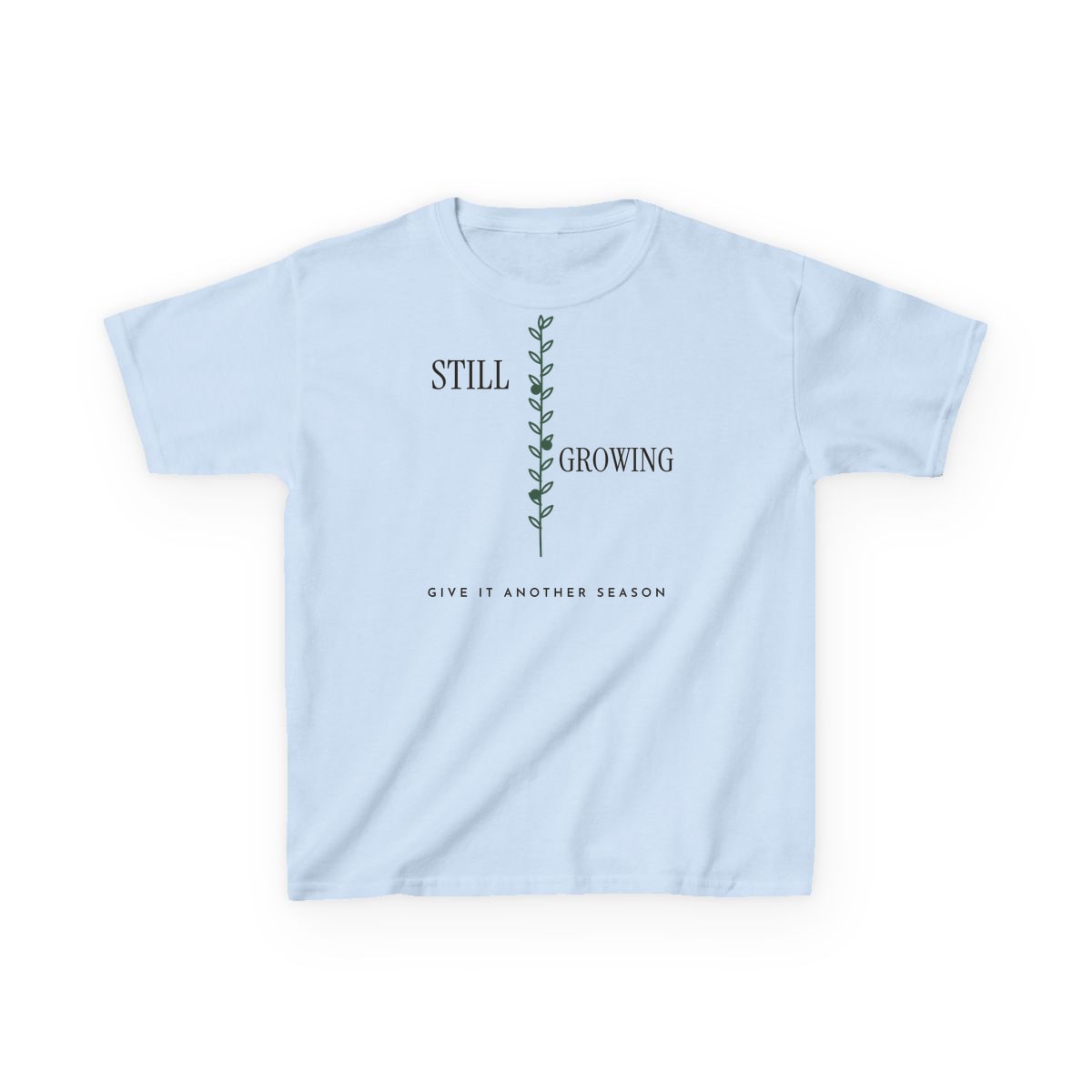 Still Growing Olive Branch, printed on a kids tee in Light Blue