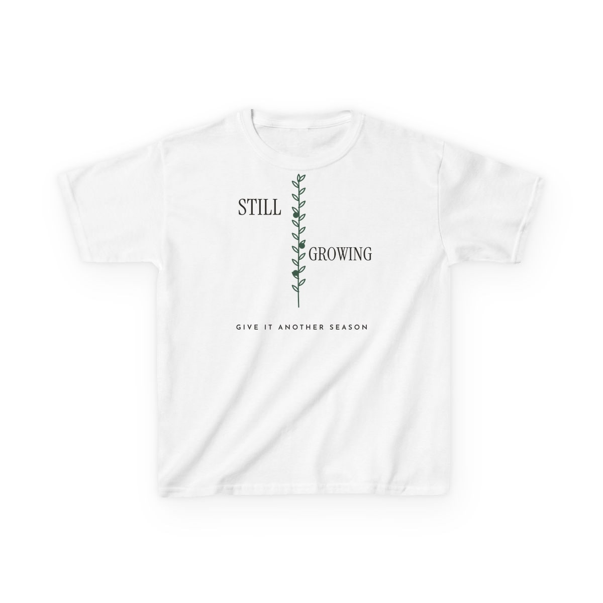 Still Growing Olive Branch, printed on a kids tee in White