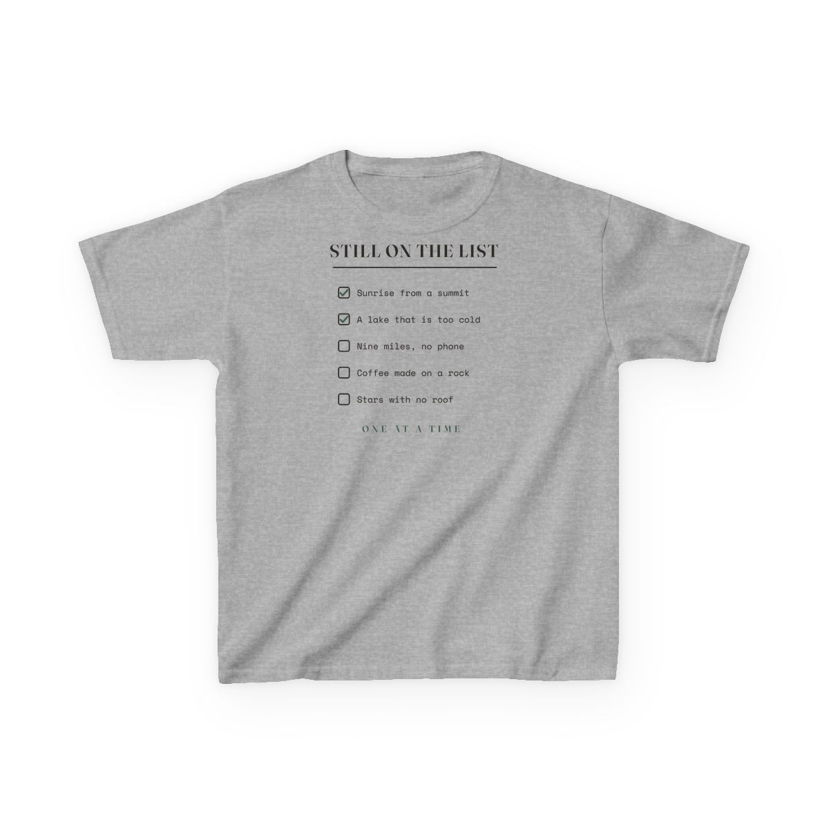 Still On The List, printed on a kids tee in Sport Grey