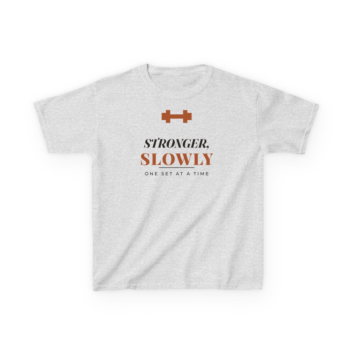 Stronger, Slowly, printed on a kids tee in Ash