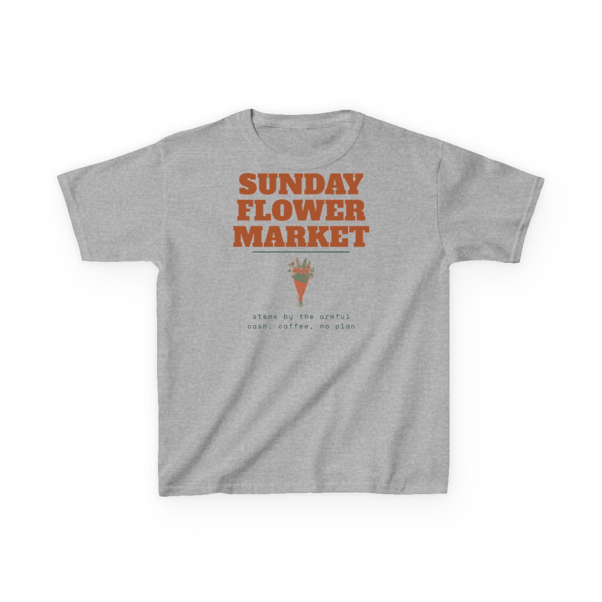 Sunday Flower Market, printed on a kids tee in Sport Grey