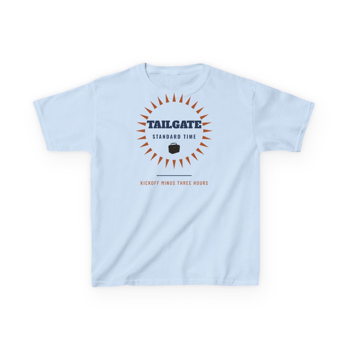 Tailgate Standard Time, printed on a kids tee in Light Blue