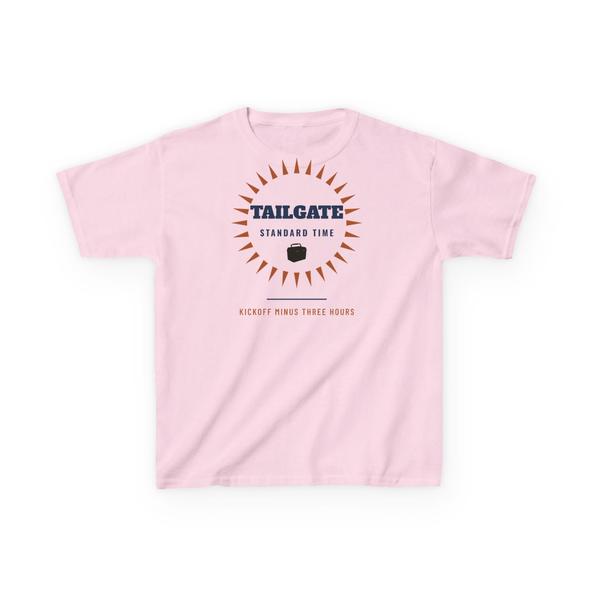 Tailgate Standard Time, printed on a kids tee in Light Pink