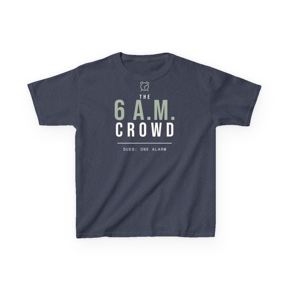 The 6 A.M. Crowd, printed on a kids tee in Heather Navy