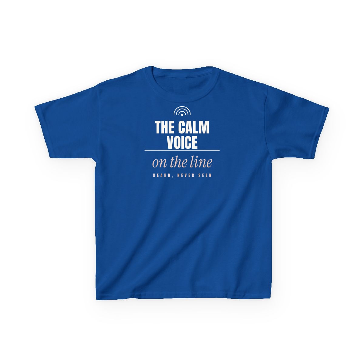 The Calm Voice On The Line, printed on a kids tee in Royal