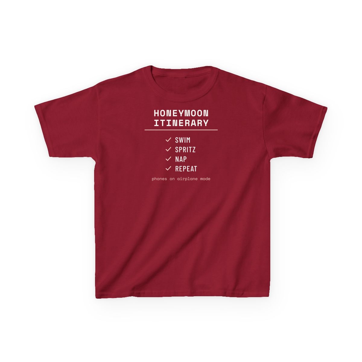 The Honeymoon Itinerary, printed on a kids tee in Cardinal Red