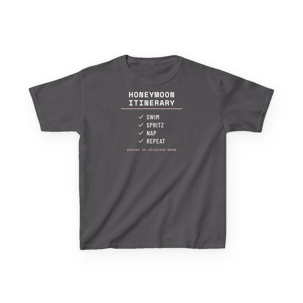 The Honeymoon Itinerary, printed on a kids tee in Charcoal