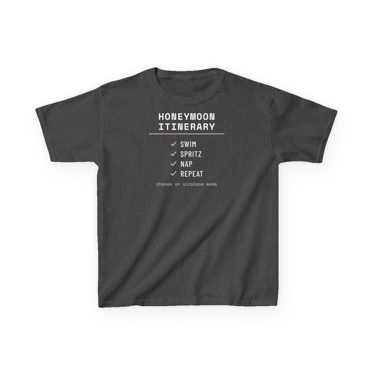 The Honeymoon Itinerary, printed on a kids tee in Dark Heather