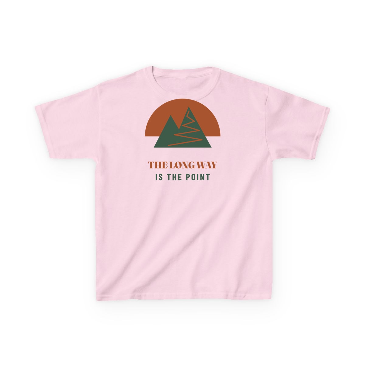 The Long Way Is The Point, printed on a kids tee in Light Pink