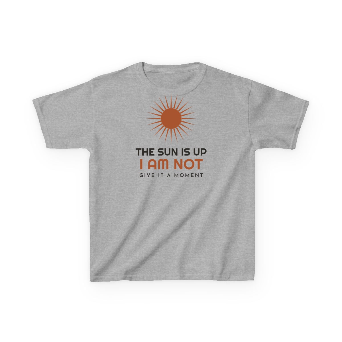 The Sun Is Up, printed on a kids tee in Sport Grey