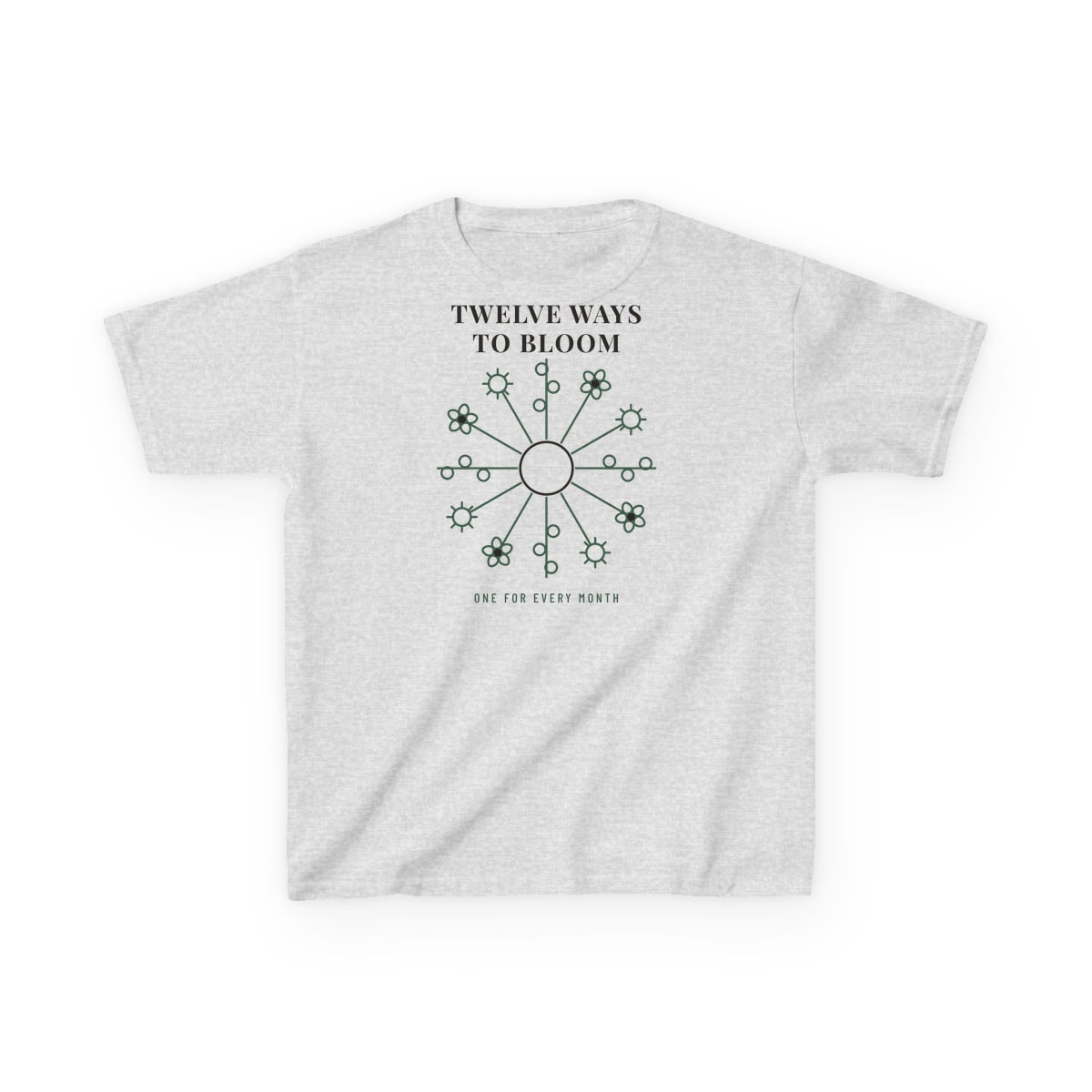 Twelve Ways To Bloom, printed on a kids tee in Ash