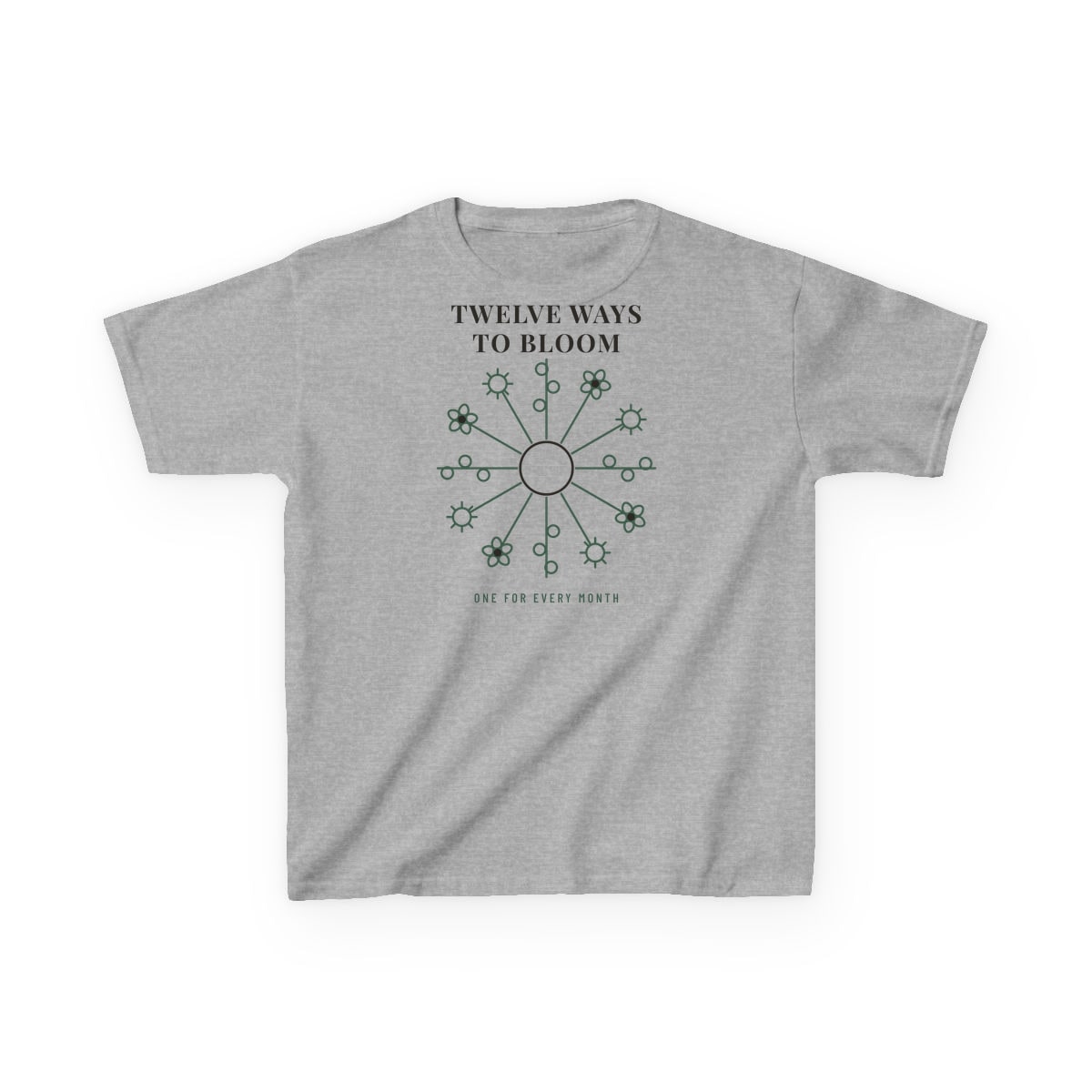 Twelve Ways To Bloom, printed on a kids tee in Sport Grey