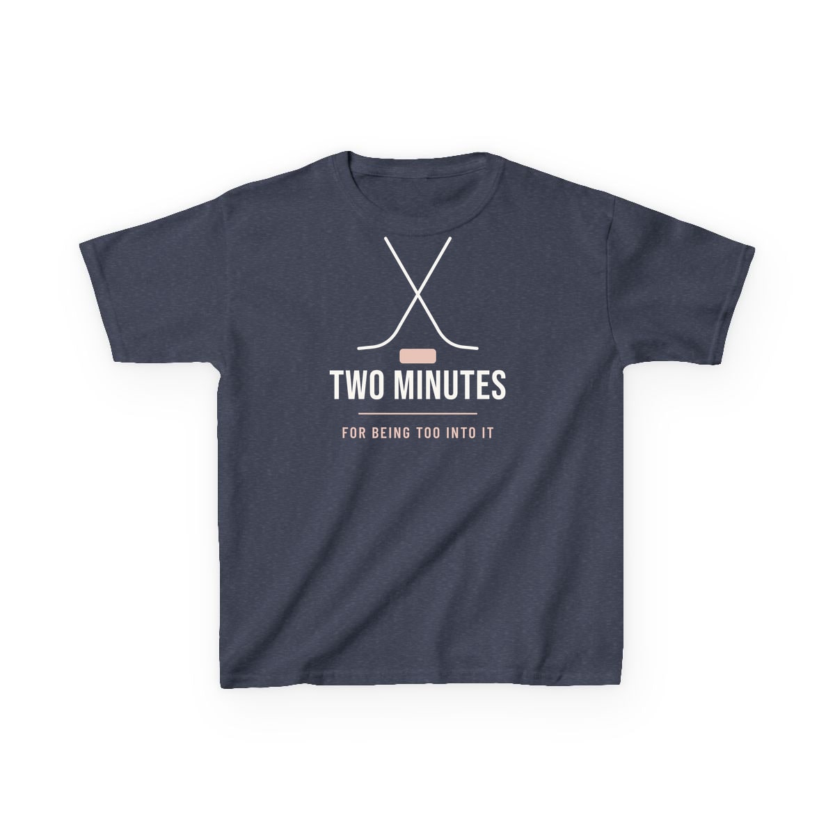 Two Minutes For Being Too Into It, printed on a kids tee in Heather Navy