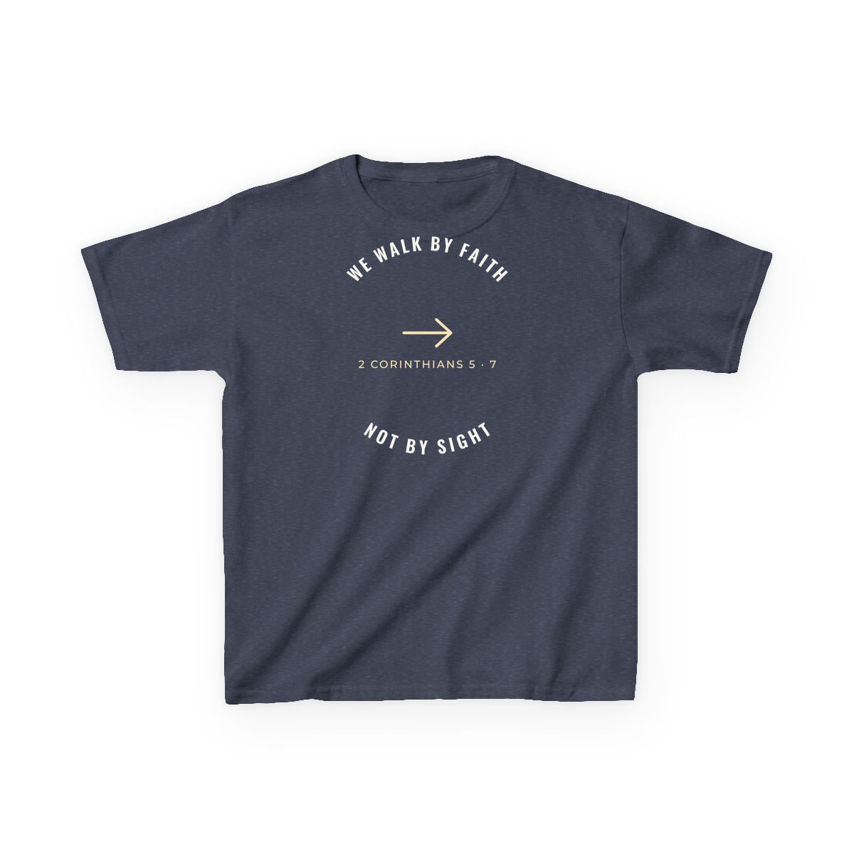 We Walk By Faith, printed on a kids tee in Heather Navy