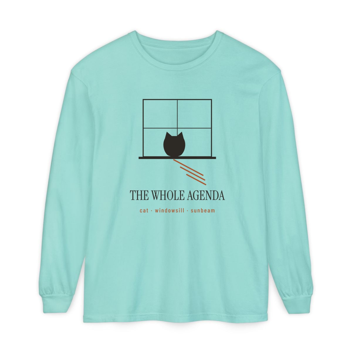 Cat, Windowsill, Sunbeam, printed on a long sleeve in Chalky Mint