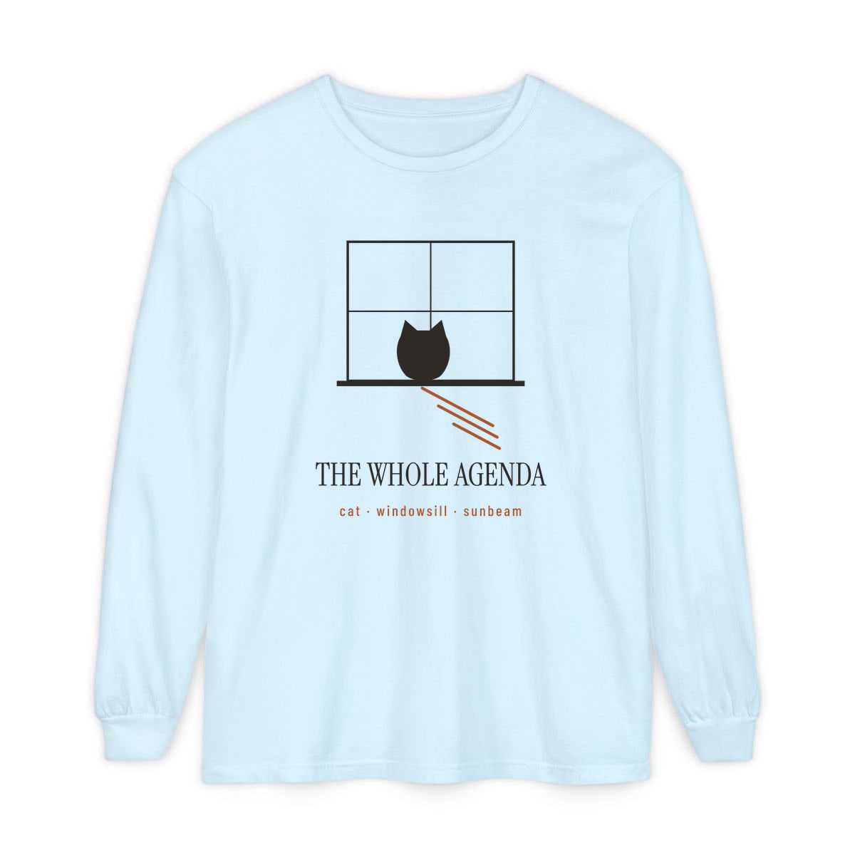 Cat, Windowsill, Sunbeam, printed on a long sleeve in Chambray