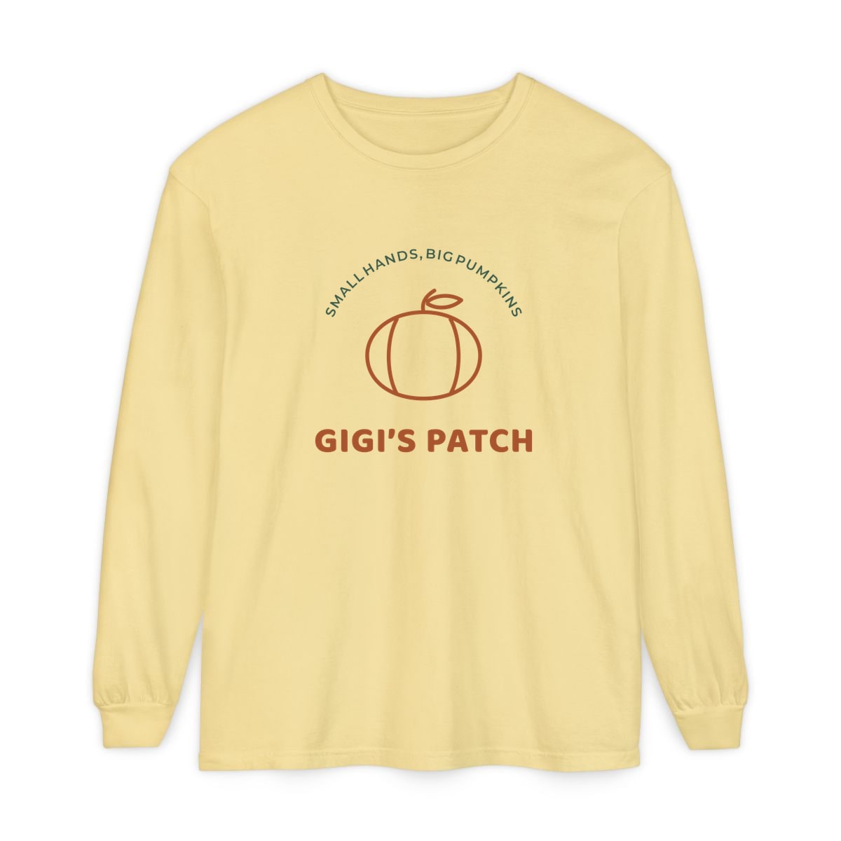 Gigi’s Pumpkin Patch, printed on a long sleeve in Butter