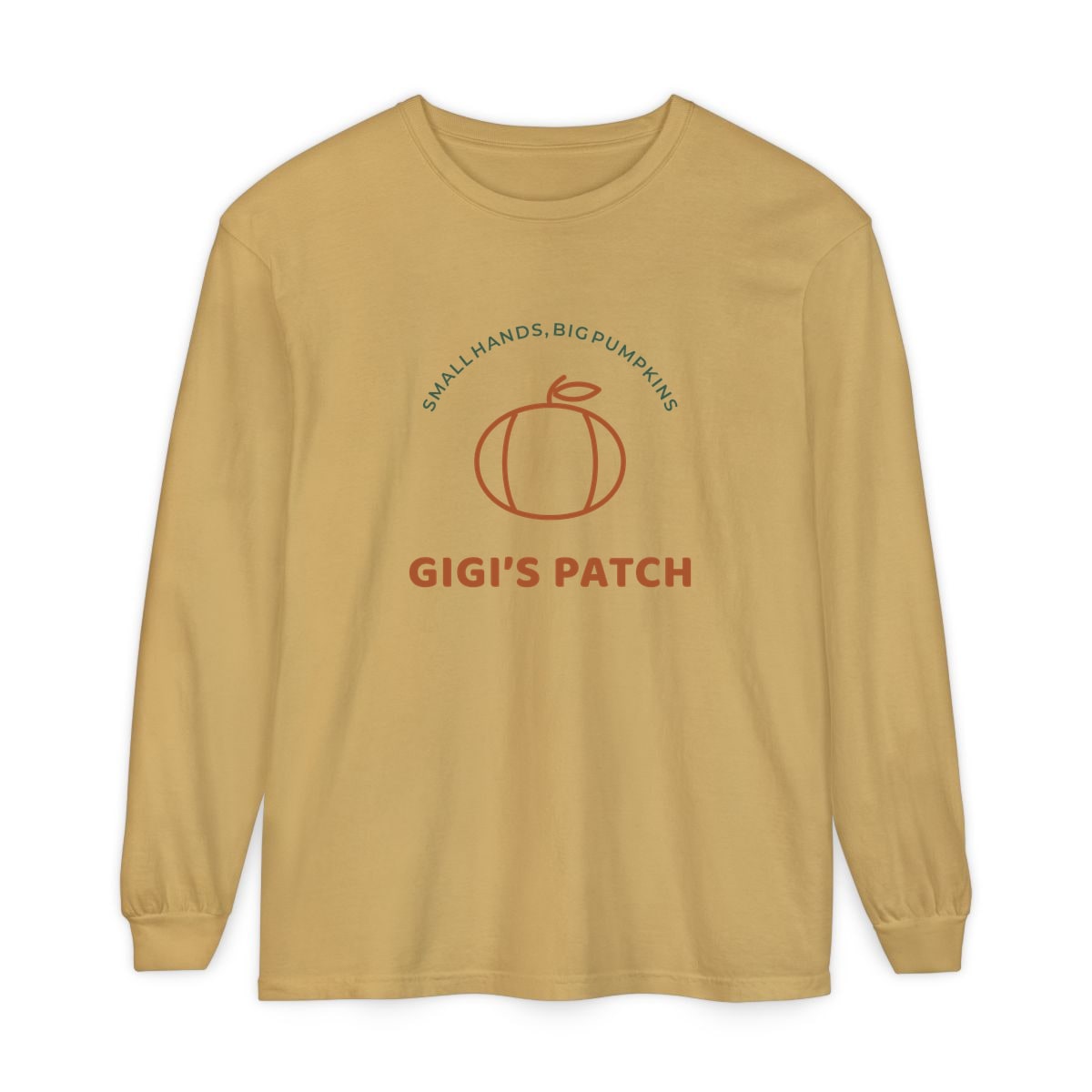 Gigi’s Pumpkin Patch, printed on a long sleeve in Mustard