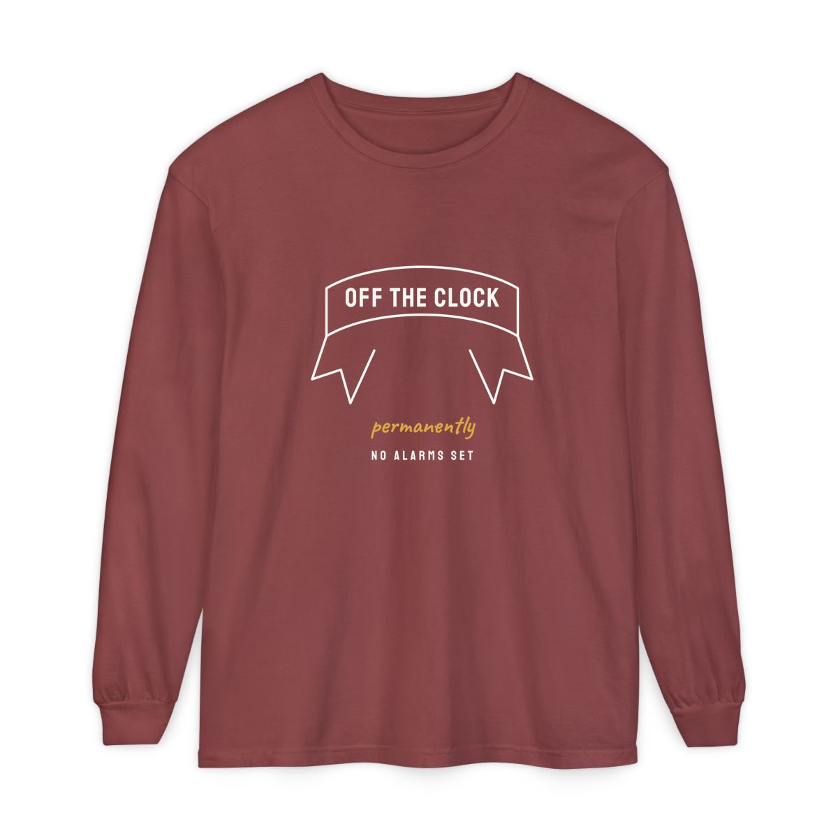 Off The Clock, printed on a long sleeve in Brick