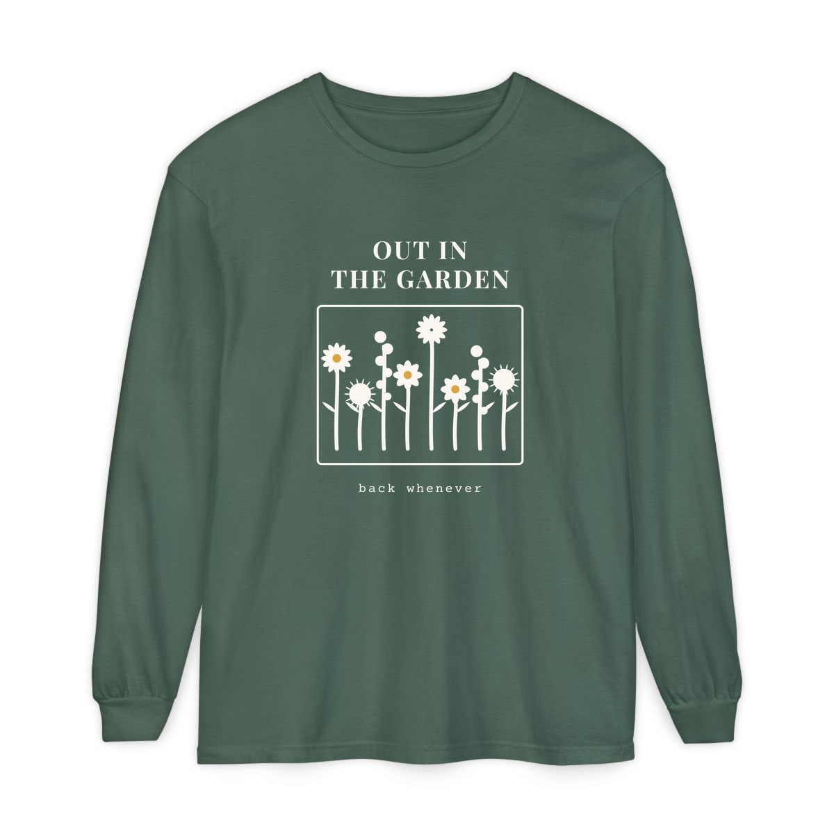 Out In The Garden, printed on a long sleeve in Blue Spruce
