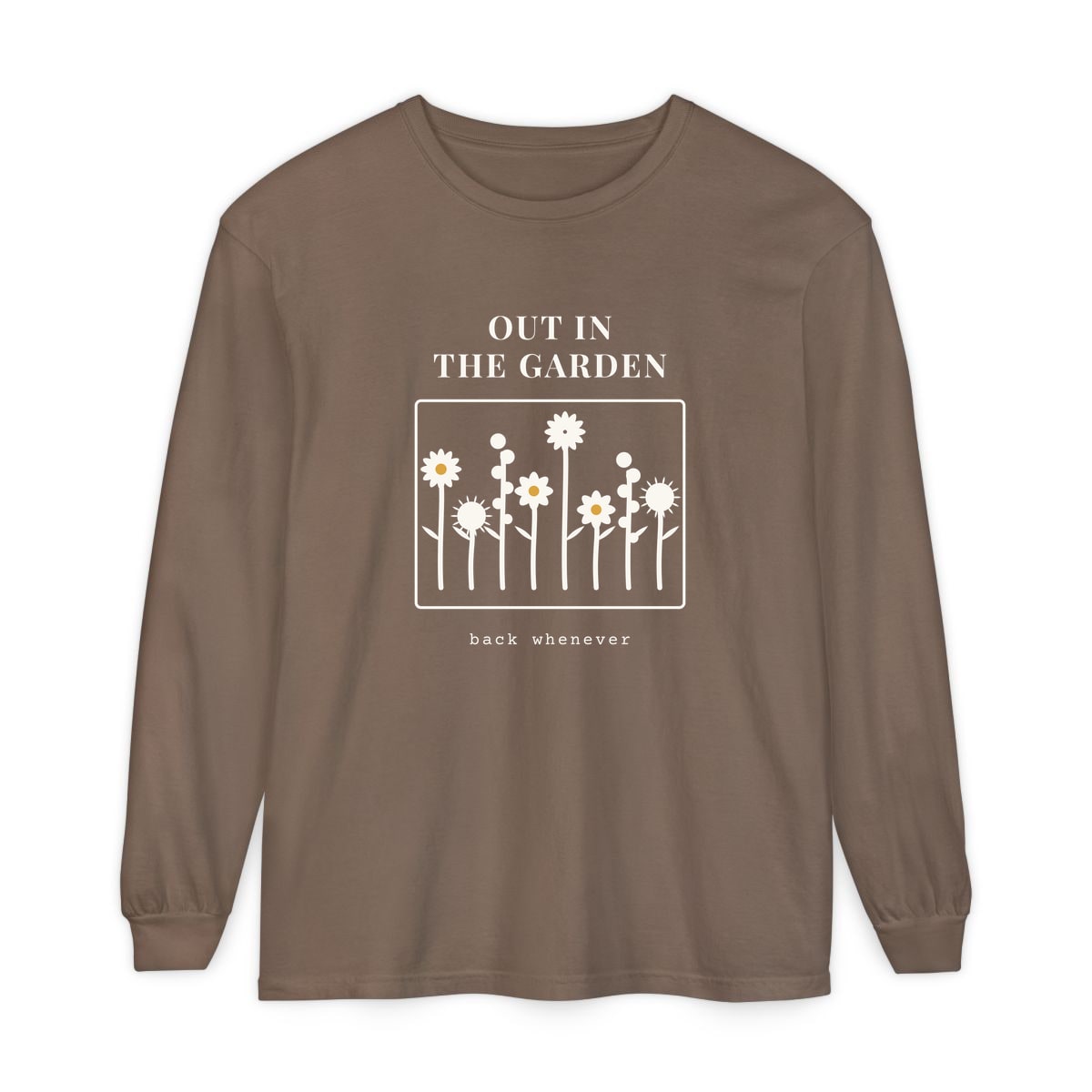 Out In The Garden, printed on a long sleeve in Espresso