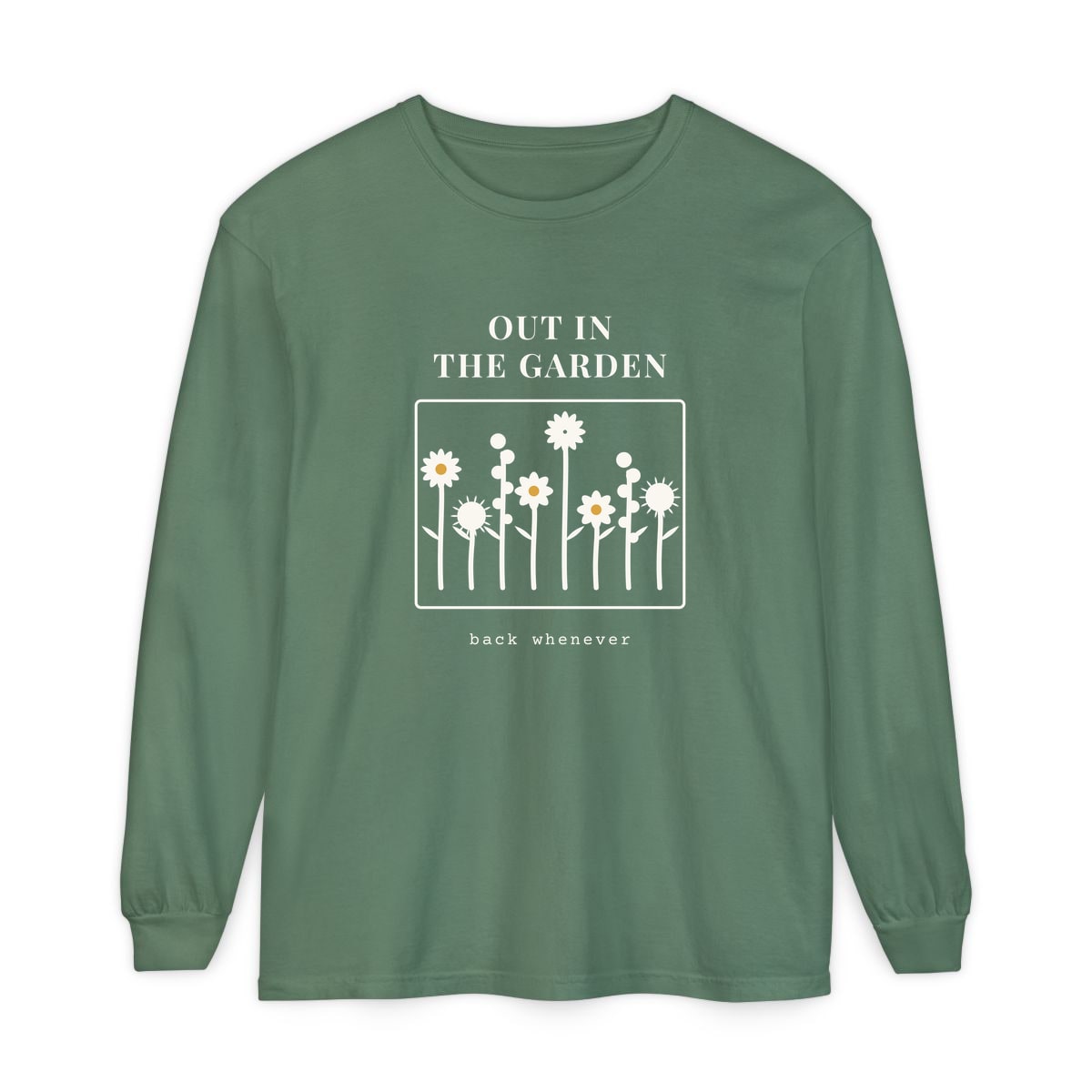 Out In The Garden, printed on a long sleeve in Light Green