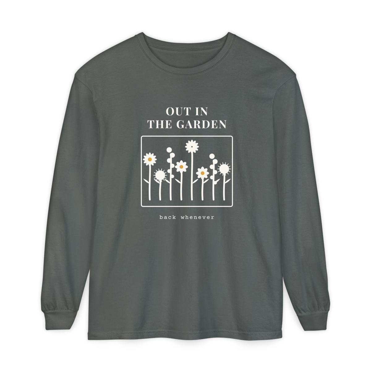 Out In The Garden, printed on a long sleeve in Pepper