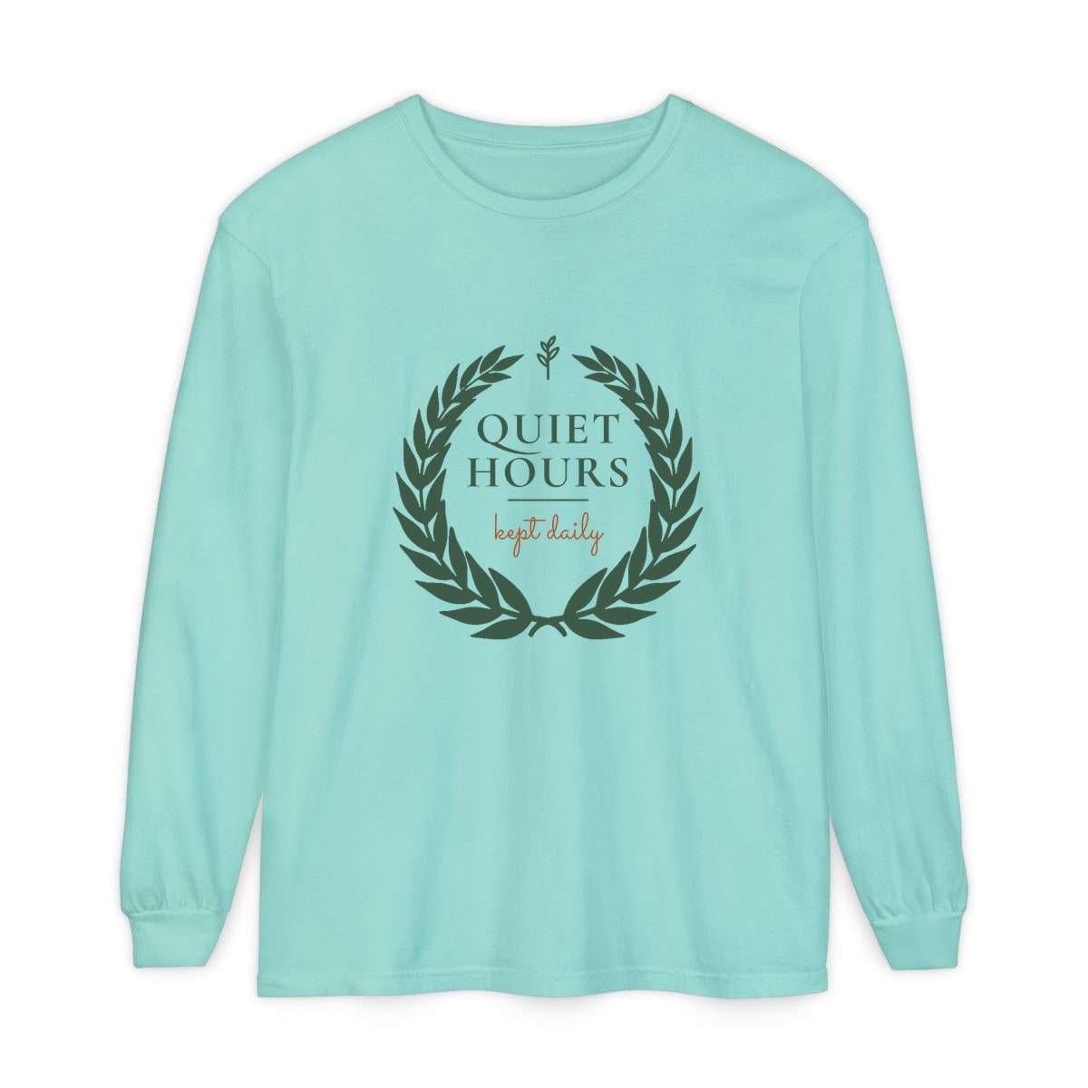 Quiet Hours, Kept Daily, printed on a long sleeve in Chalky Mint