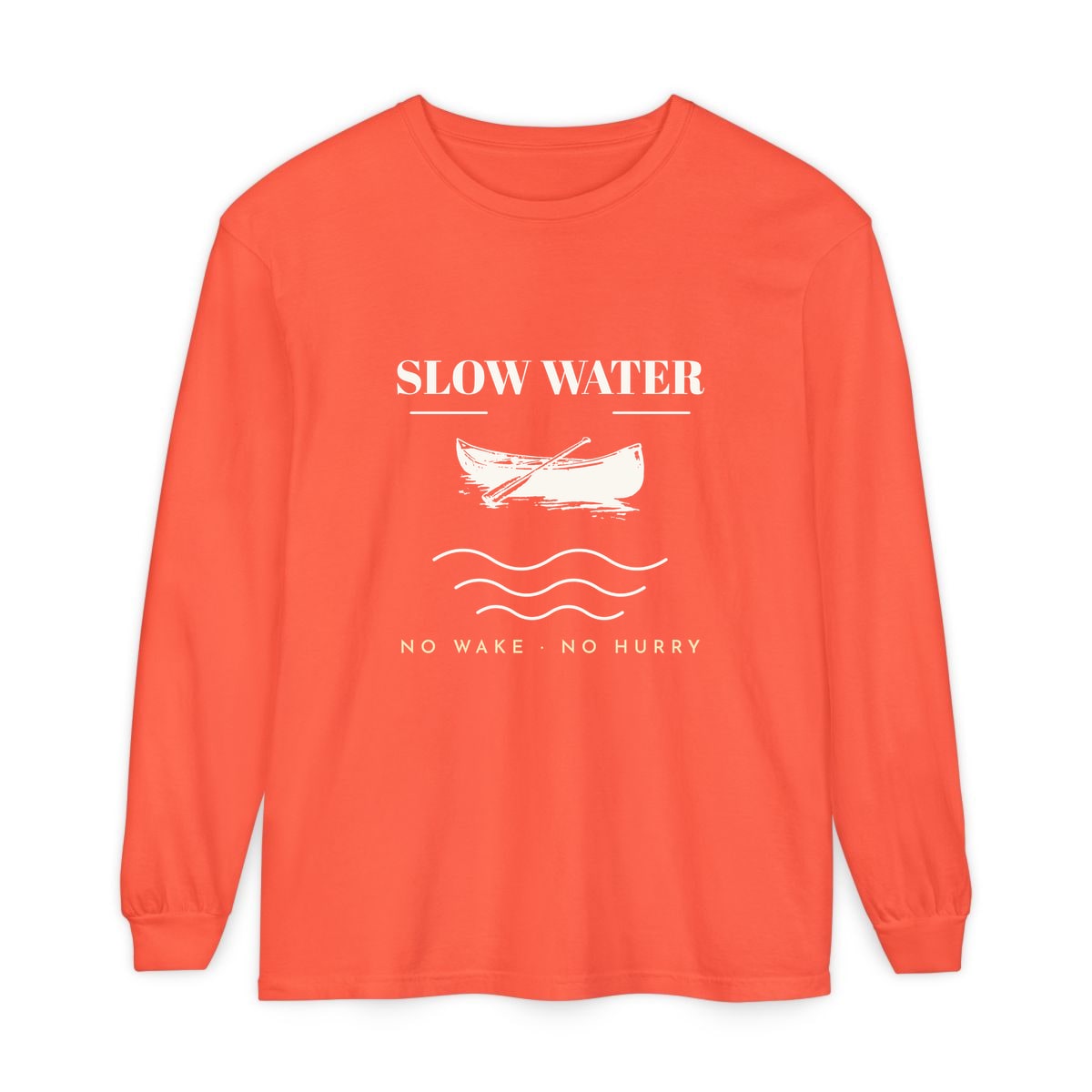 Slow Water, printed on a long sleeve in Bright Salmon
