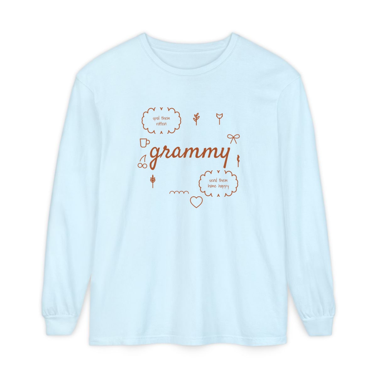 Spoil Them, Send Them Home, printed on a long sleeve in Chambray
