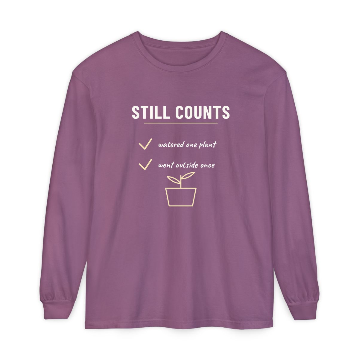 Still Counts Checklist, printed on a long sleeve in Berry