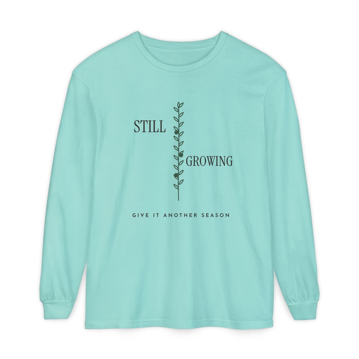 Still Growing Olive Branch, printed on a long sleeve in Chalky Mint