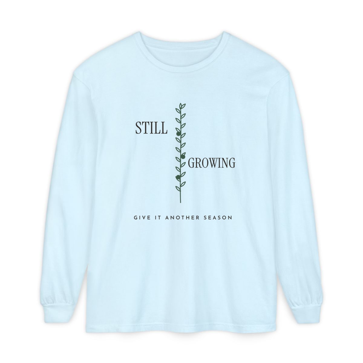 Still Growing Olive Branch, printed on a long sleeve in Chambray