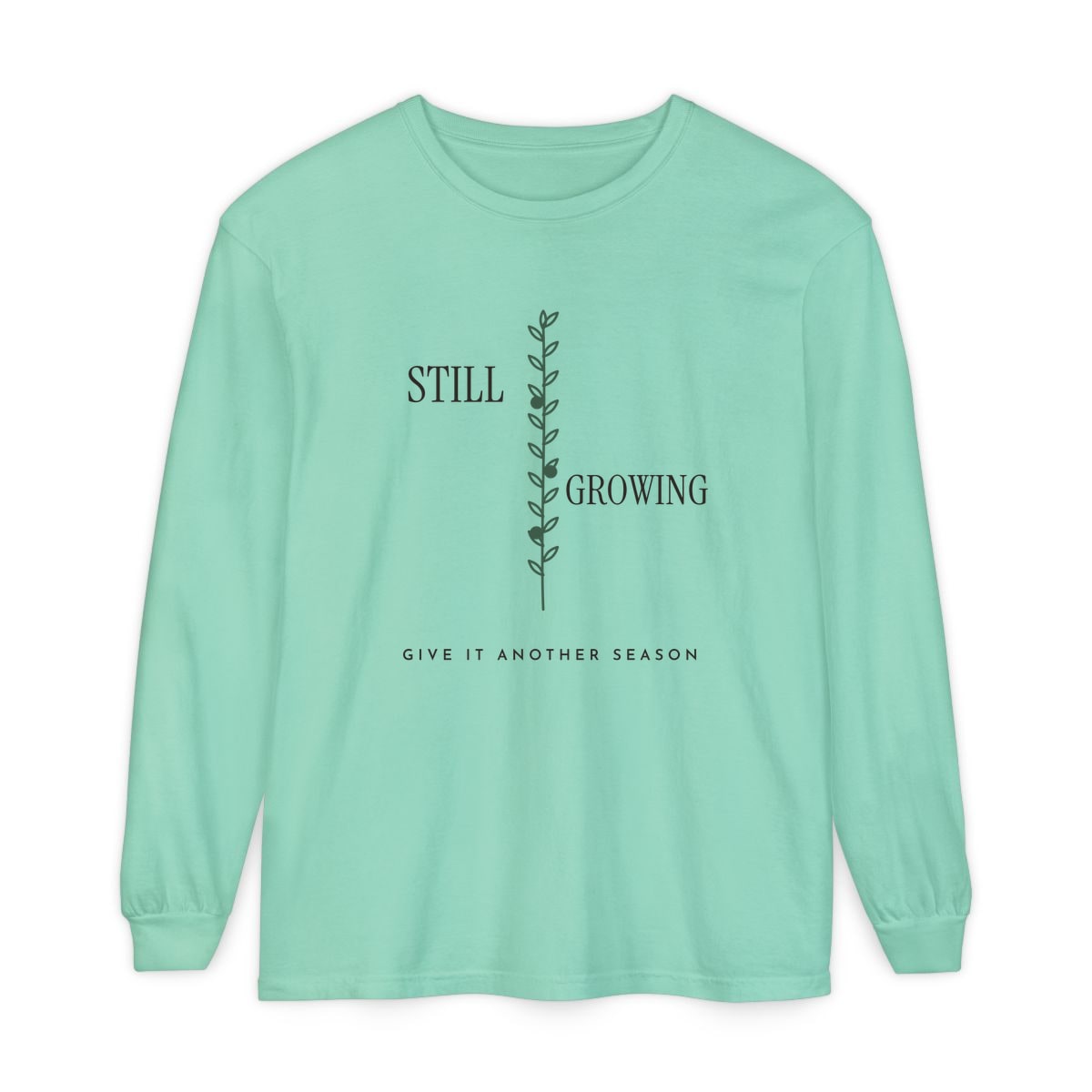 Still Growing Olive Branch, printed on a long sleeve in Island Reef