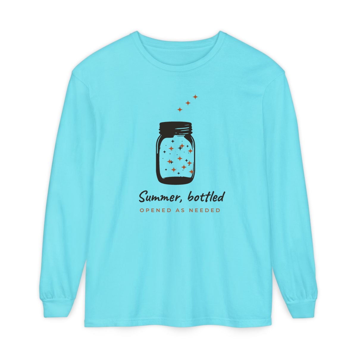 Summer, Bottled, printed on a long sleeve in Lagoon Blue