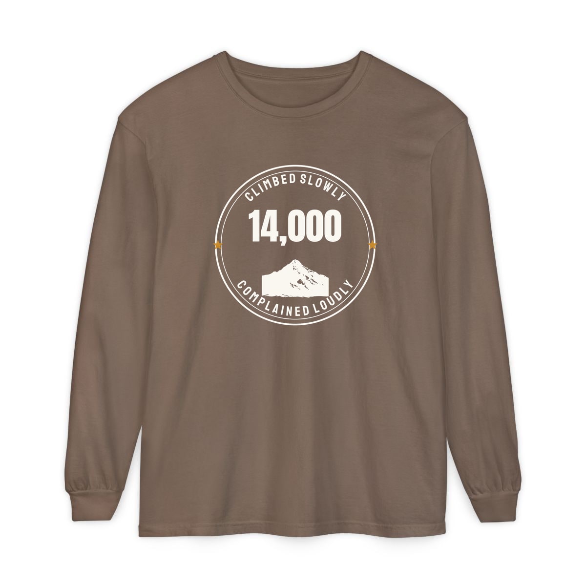 The Fourteener Club, printed on a long sleeve in Espresso