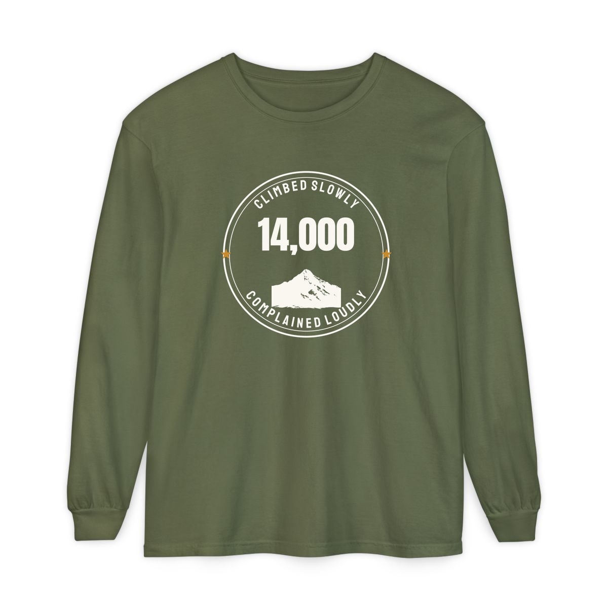 The Fourteener Club, printed on a long sleeve in Hemp