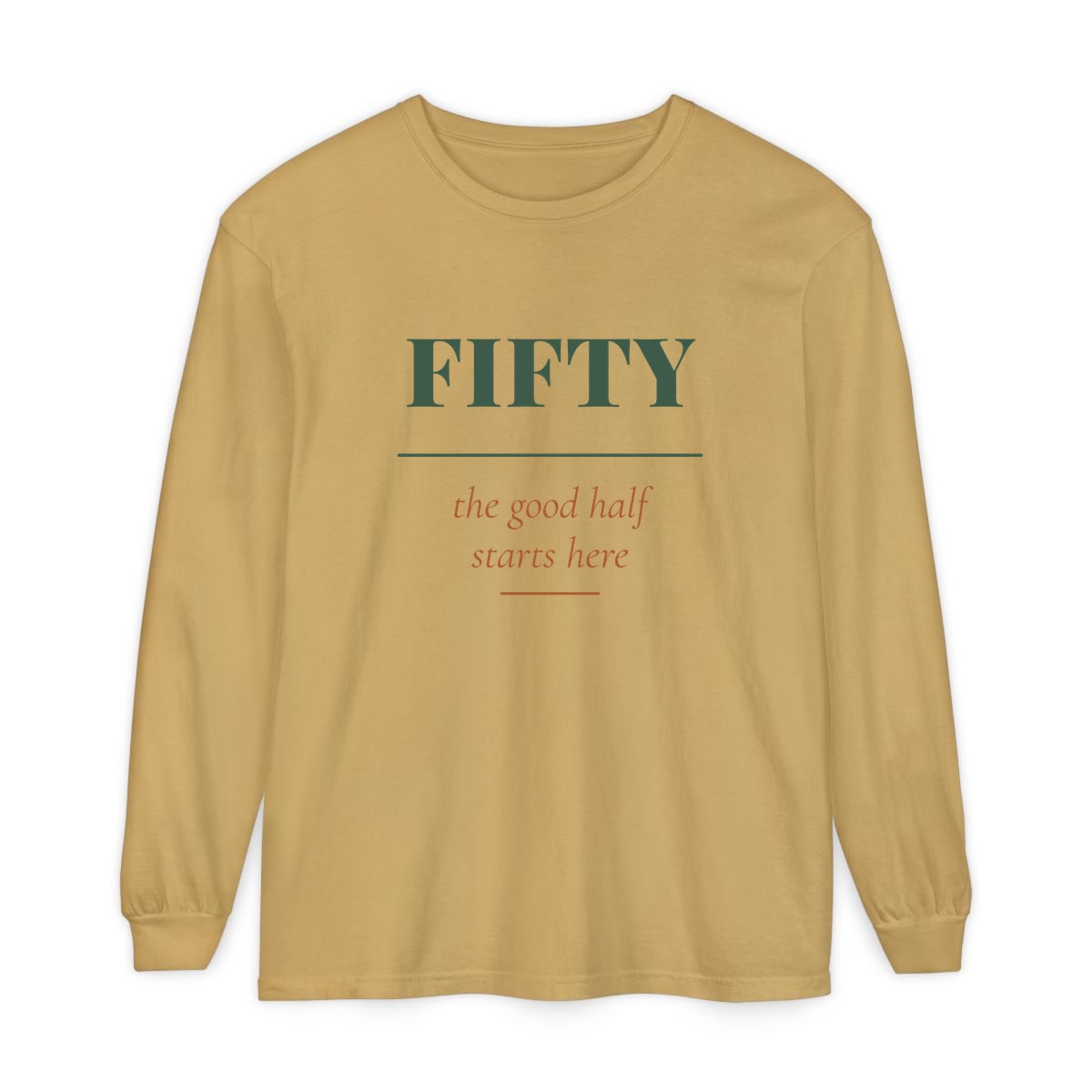 The Good Half, printed on a long sleeve in Mustard
