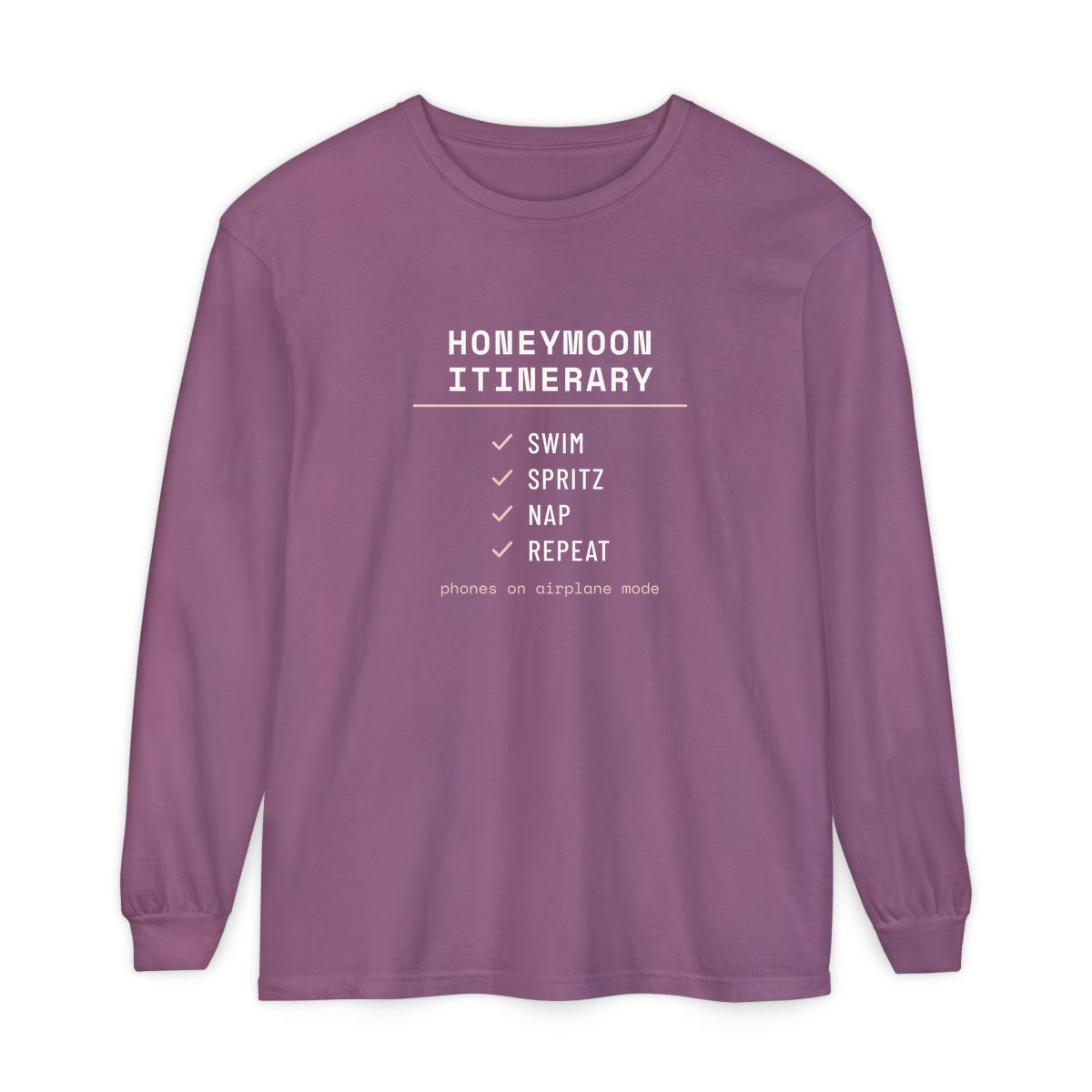 The Honeymoon Itinerary, printed on a long sleeve in Berry
