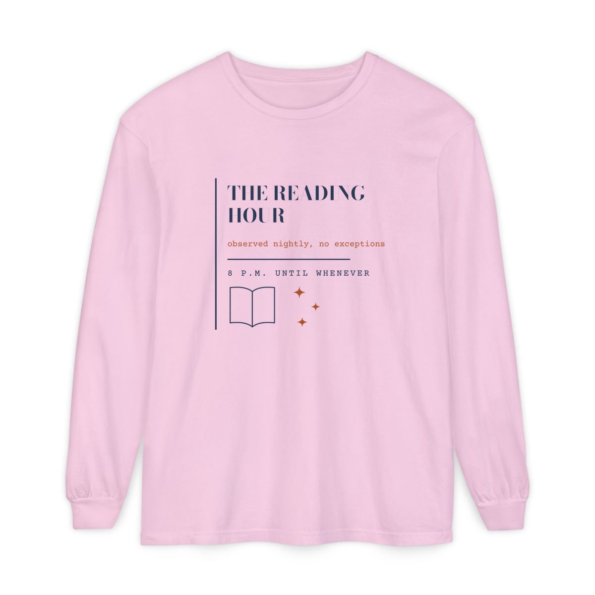 The Reading Hour, printed on a long sleeve in Blossom