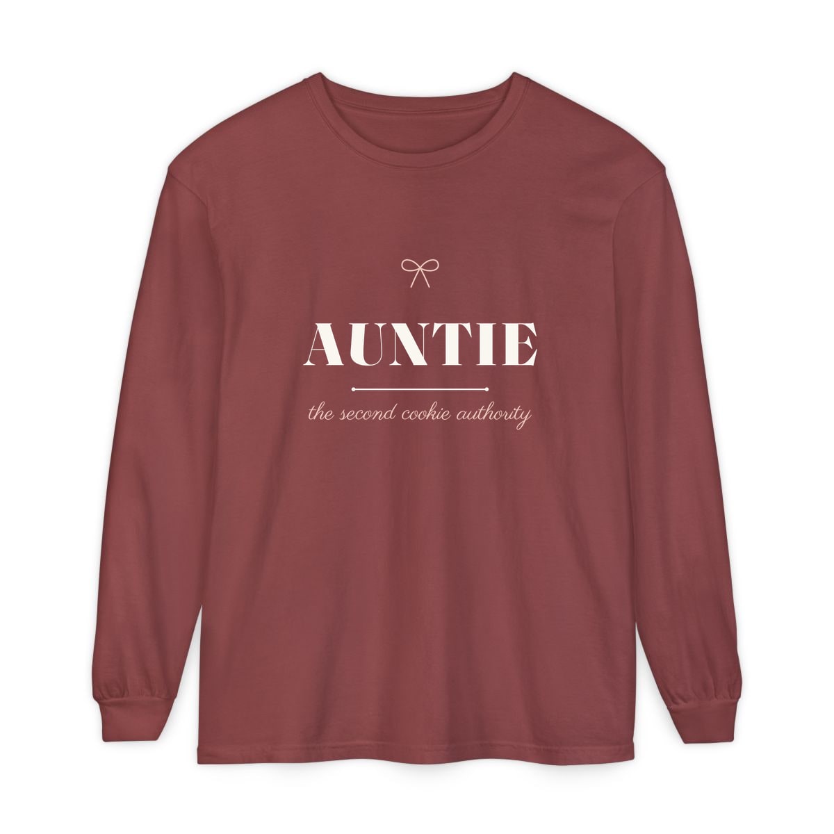 The Second Cookie Authority, printed on a long sleeve in Brick