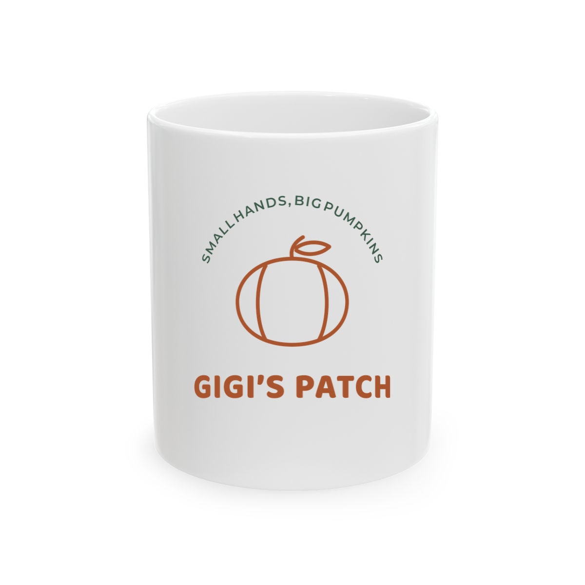 Gigi’s Pumpkin Patch, printed on a mug in White