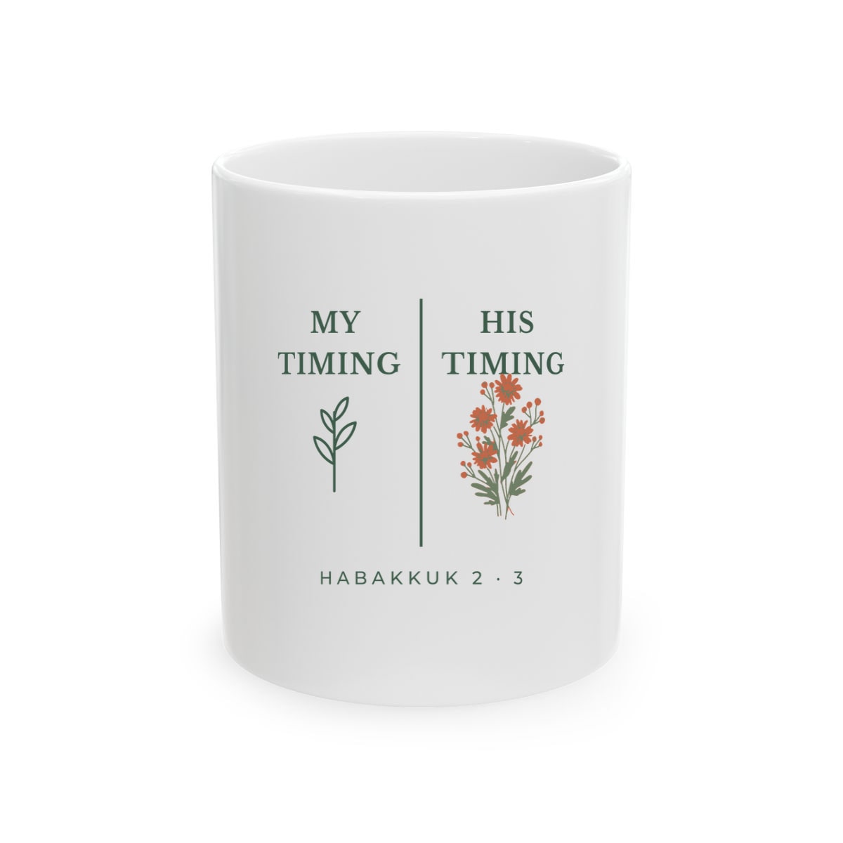 My Timing, His Timing, printed on a mug in White