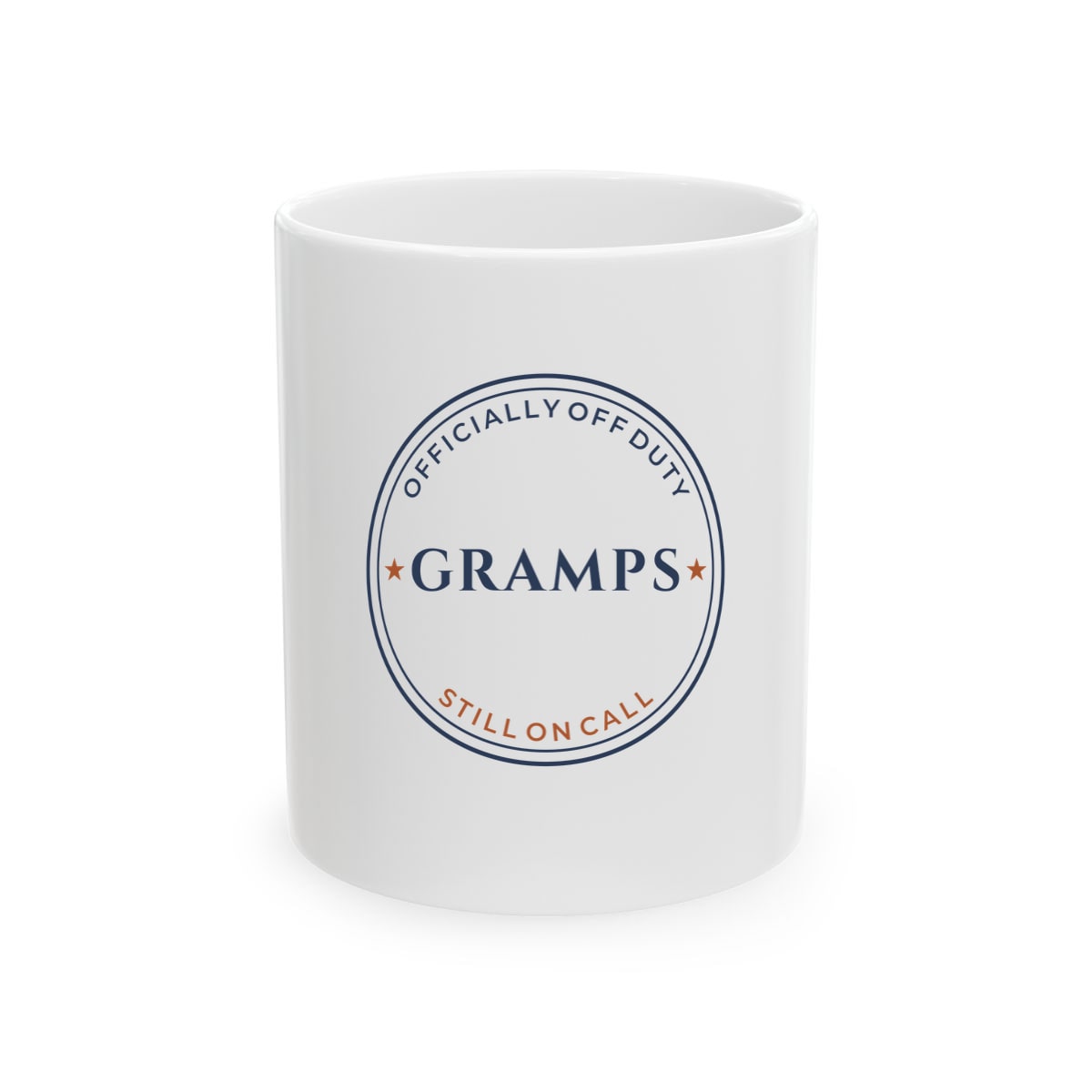Off Duty, Still On Call, printed on a mug in White