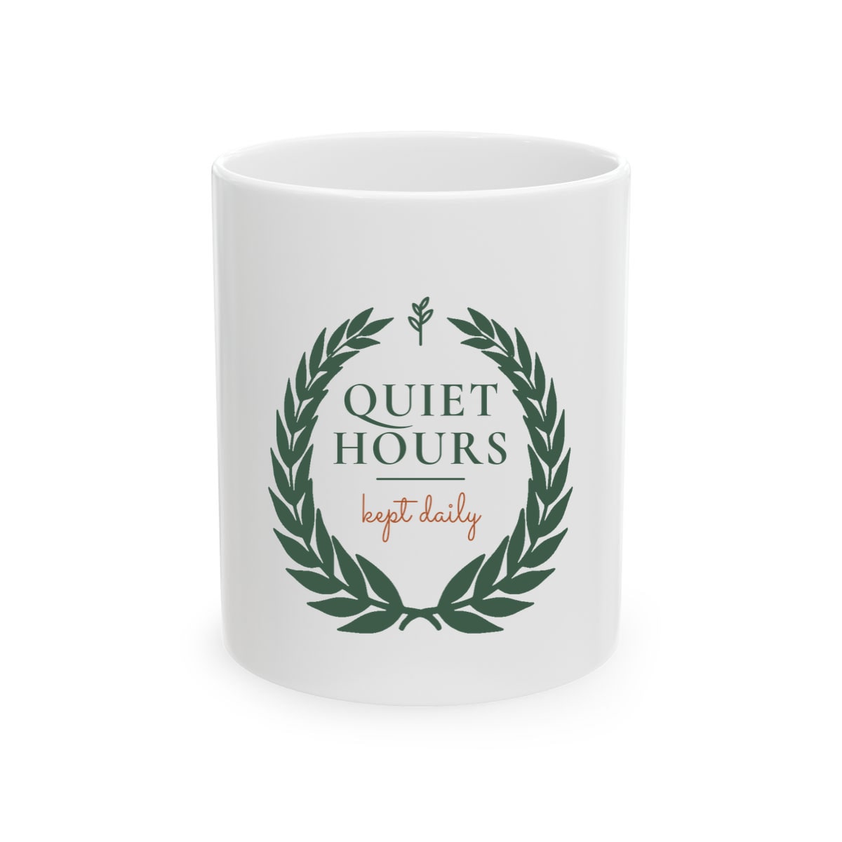 Quiet Hours, Kept Daily, printed on a mug in White