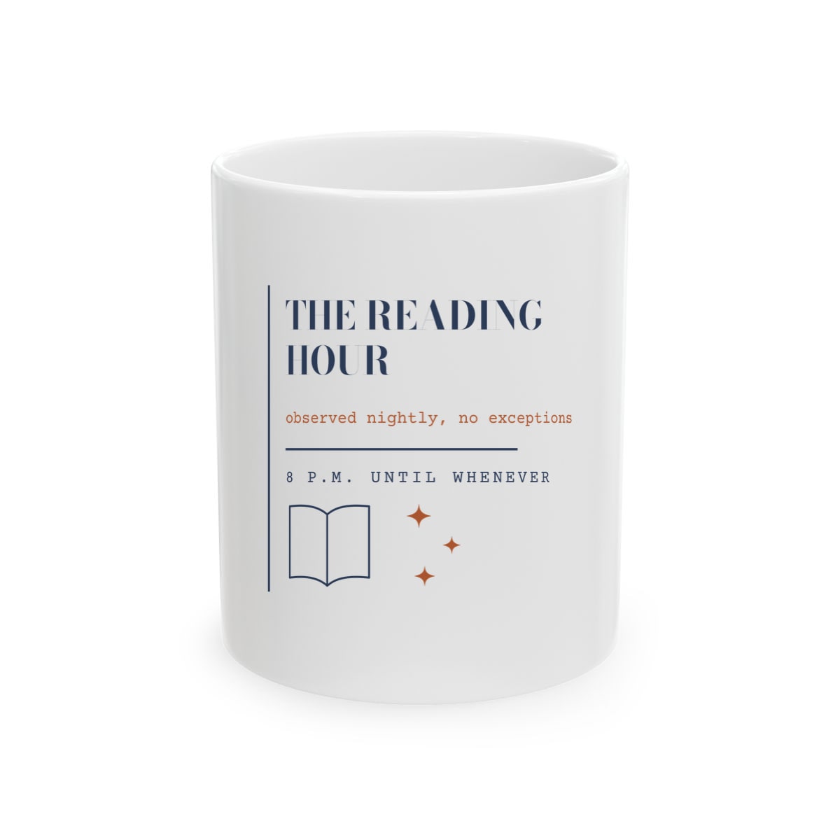 The Reading Hour, printed on a mug in White
