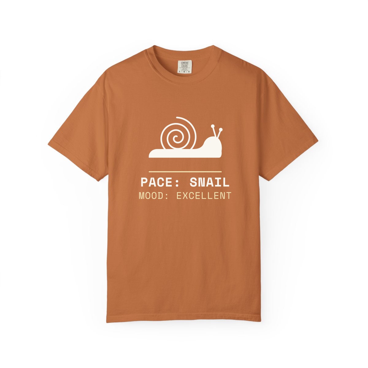 Pace: Snail, printed on a Comfort Colors garment-dyed t-shirt in Yam